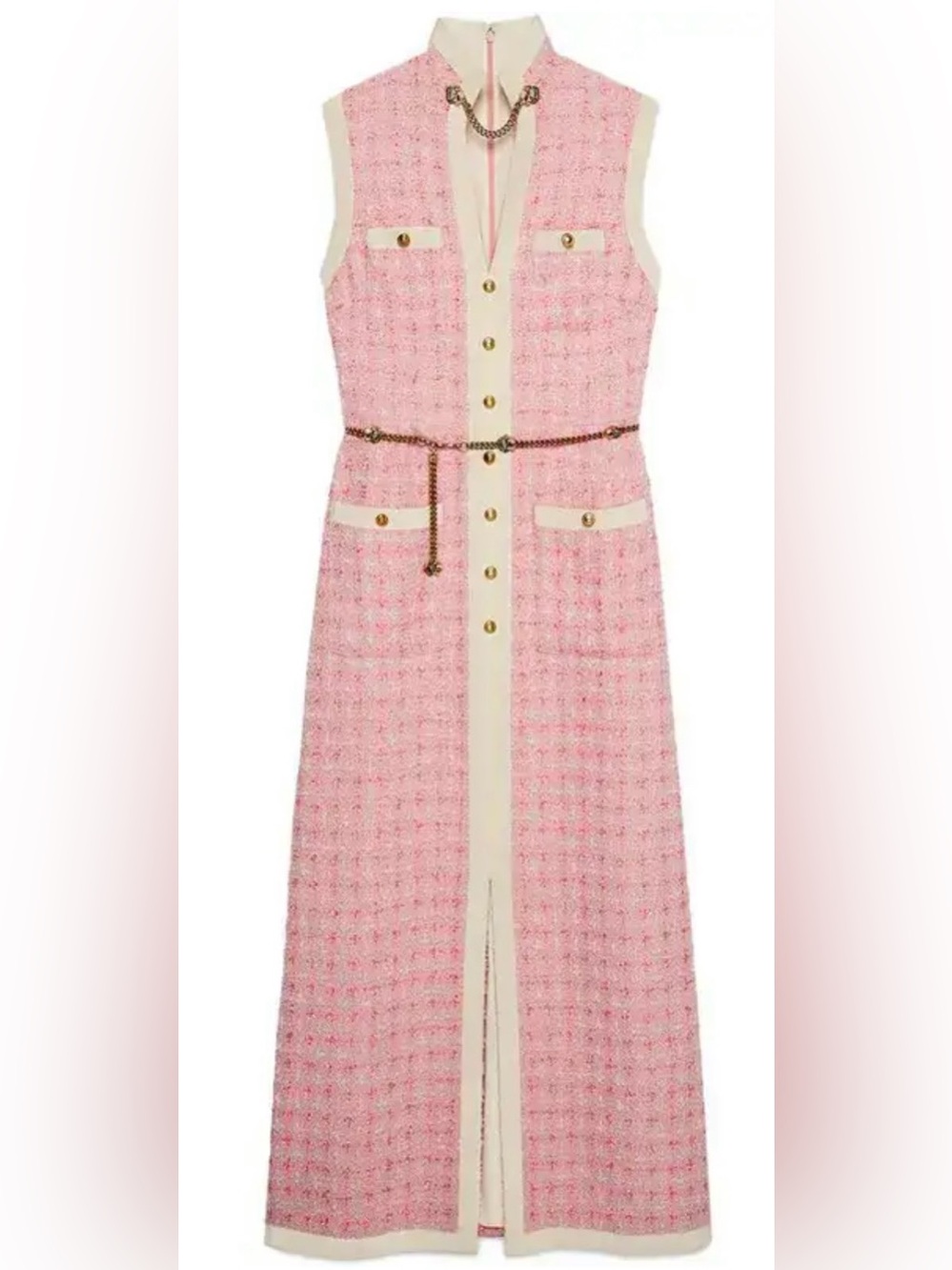 Gucci Tweed Pink White Gold Belt Long Maxi Dress